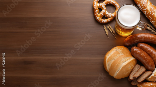 Oktoberfest  German food  sausages, pretzels and beer on a dark wood background with copy space for text photo