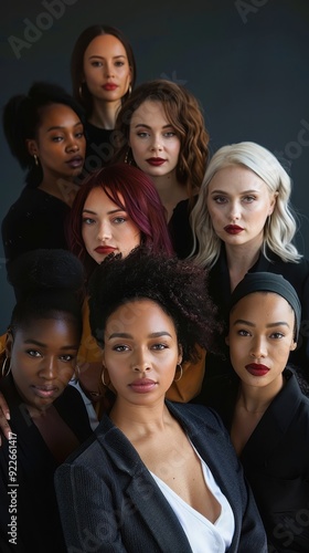 A diverse group of women confidently pose together, displaying their unique hairstyles and bold makeup