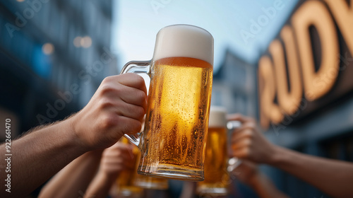  group of friends clinking beer mugs in front of the pub at Oktoberfest 