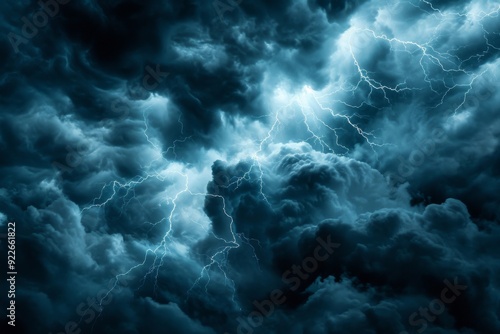 An image capturing the drama of a thunderstorm sky with lightning streaking across dark clouds, creating a dynamic and electrifying atmospher