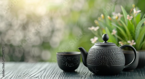 Delicate Tea Set With Teapot and Cups on Wooden Table Surrounded by Orchids