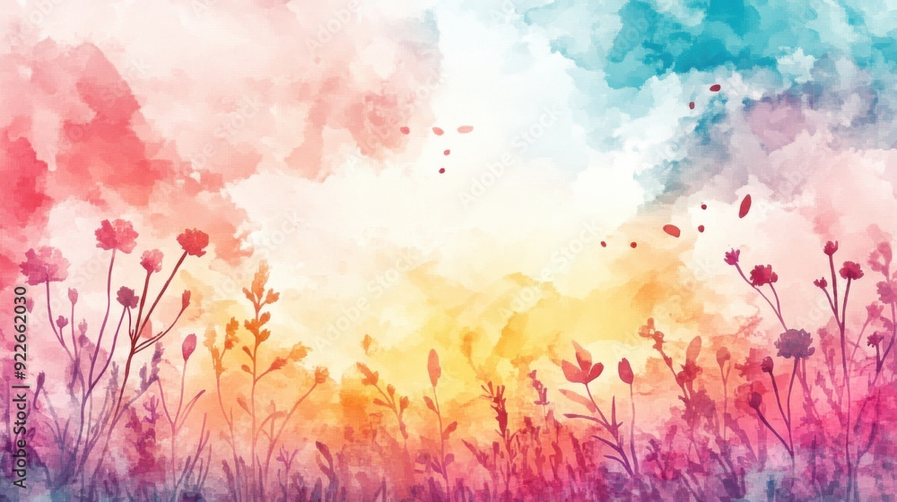 Fototapeta premium Colorful abstract watercolor of wildflowers silhouetted against a vibrant sky.