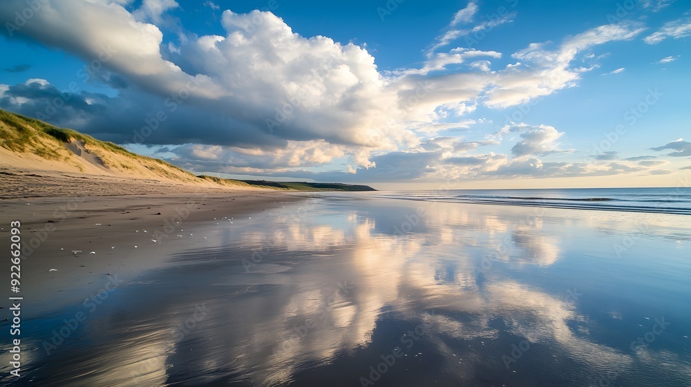 Obraz premium Beautiful beach sunset with a blue sky and ocean wave