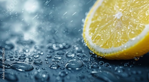 Fresh Lemon Slice on Table With Water Droplets and Soft Lighting