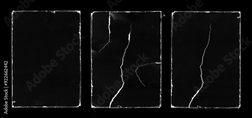 Set of Old Black Empty Aged Vintage Retro Damaged Paper Cardboard Photo Card. Blank Frame. Front and Back Side. Rough Grunge Shabby Scratched Texture. Distressed Overlay Surface for Collage. High Qual