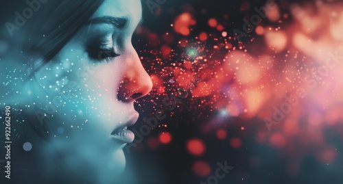 Cosmic Reflection: Profile of a Woman Surrounded by Nebulas and Stars in a Dr...