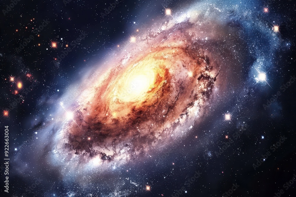 Spiral galaxy in deep space with stars, dust, and glowing center Spiral galaxy in deep space with stars, dust, and glowing center