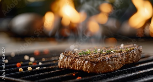 Grilling Juicy Steak on a Charcoal Barbecue in the Evening