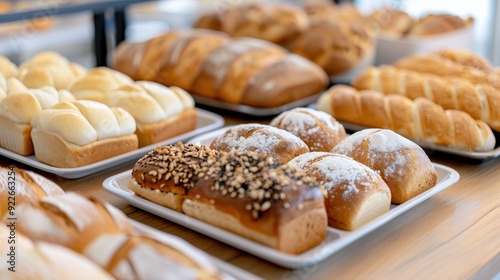 Freshly Baked Bread and Pastries Displayed on Shelves at a Bakery Shop