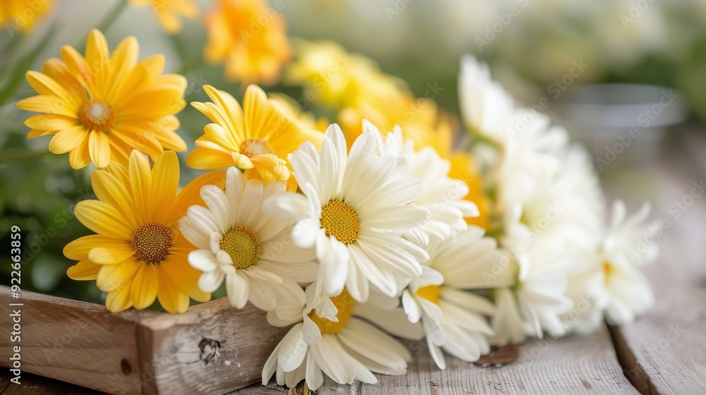 Obraz premium Colorful Daisies in a Wooden Tray Near Soft Natural Light