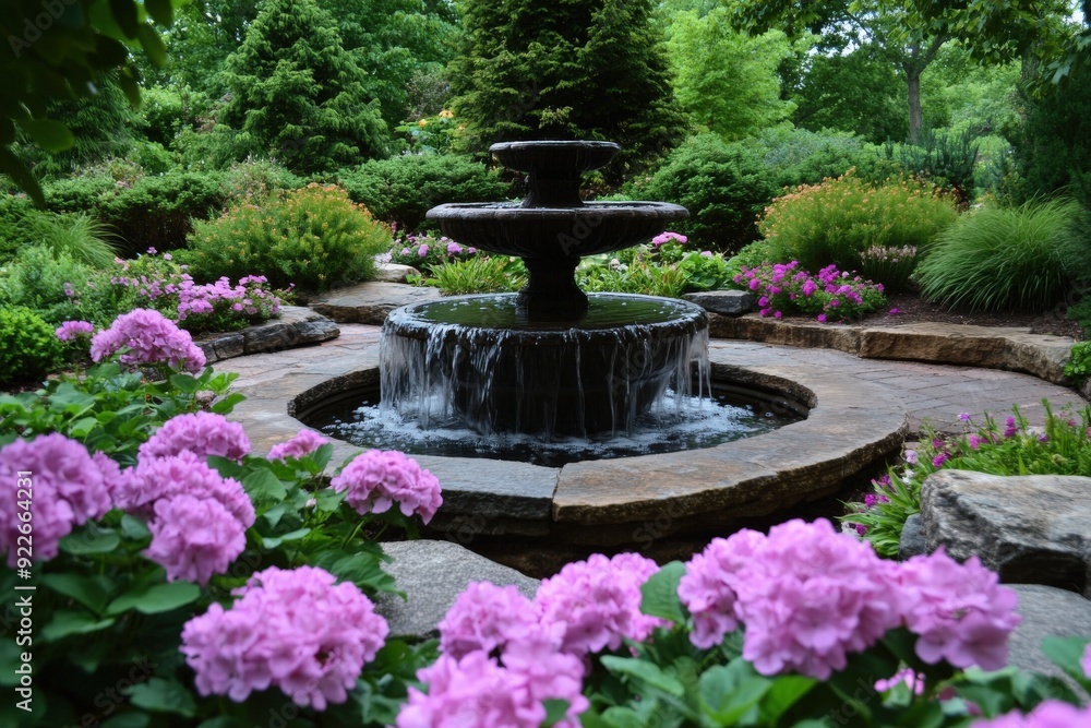 An elegant stone fountain in a garden setting, surrounded by vibrant pink flowers and lush greenery, creating a peaceful and picturesque scene in daylight. An elegant stone fountain in a garden setting, surrounded by vibrant pink flowers and lush greenery, creating a peaceful and picturesque scene in daylight.
