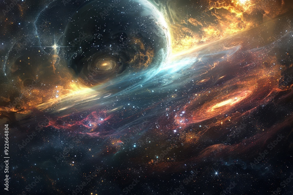 Obraz premium Breathtaking cosmic landscape with swirling nebulas and distant galaxies.