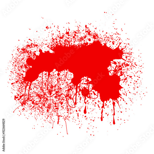Drops and splashes of blood. Bright red paint stains. Dirty grunge background. Abstract vector isolated illustration on white background.