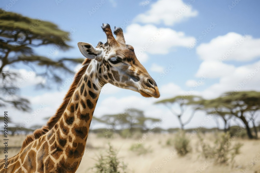 An image showcasing a giraffe gently reaching for leaves in the treetops, reflecting its serene and graceful presence in the savanna An image showcasing a giraffe gently reaching for leaves in the treetops, reflecting its serene and graceful presence in the savanna