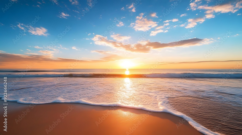 Beautiful beach sunset with a blue sky and ocean wave Beautiful beach sunset with a blue sky and ocean wave