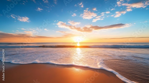 Beautiful beach sunset with a blue sky and ocean wave