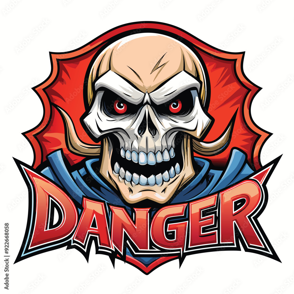 High-Quality T-Shirt Design with Skull Logo and 'DANGER' Etched Across Forehead on White Background High-Quality T-Shirt Design with Skull Logo and 'DANGER' Etched Across Forehead on White Background