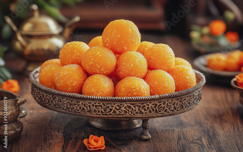 Laddu and pedha sweets on Indian holidays Diwali, Gudi padwa, Indian new year, Navaratry photo