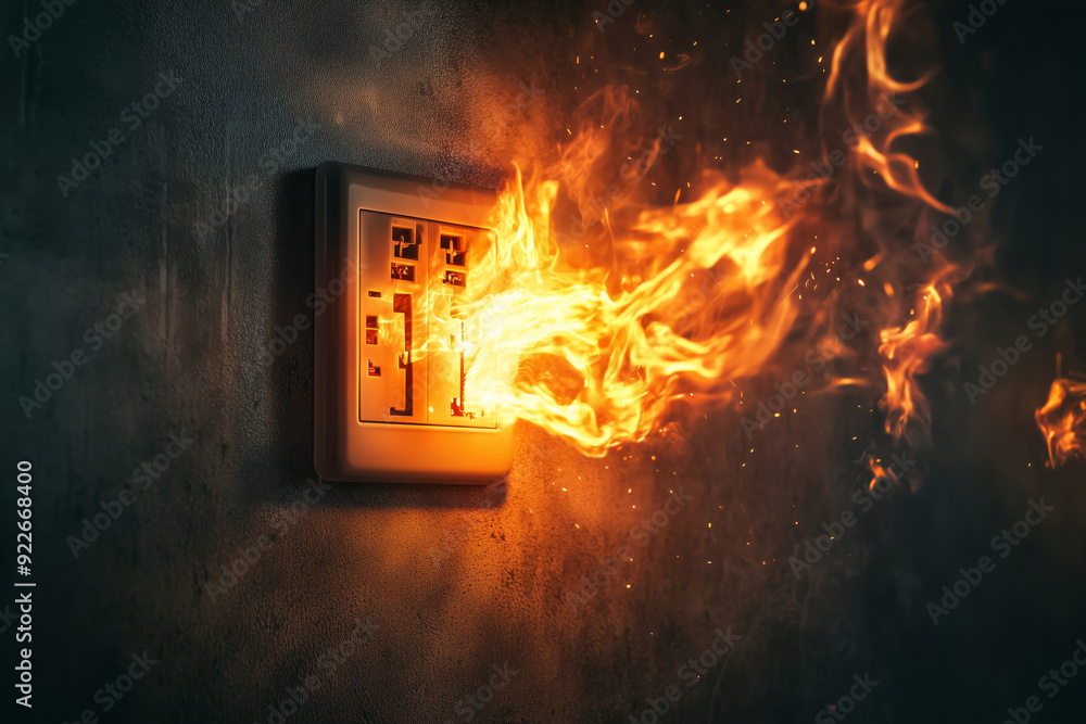 Obraz premium A fiery electrical mishap ignites sparks of chaos in a dimly lit room