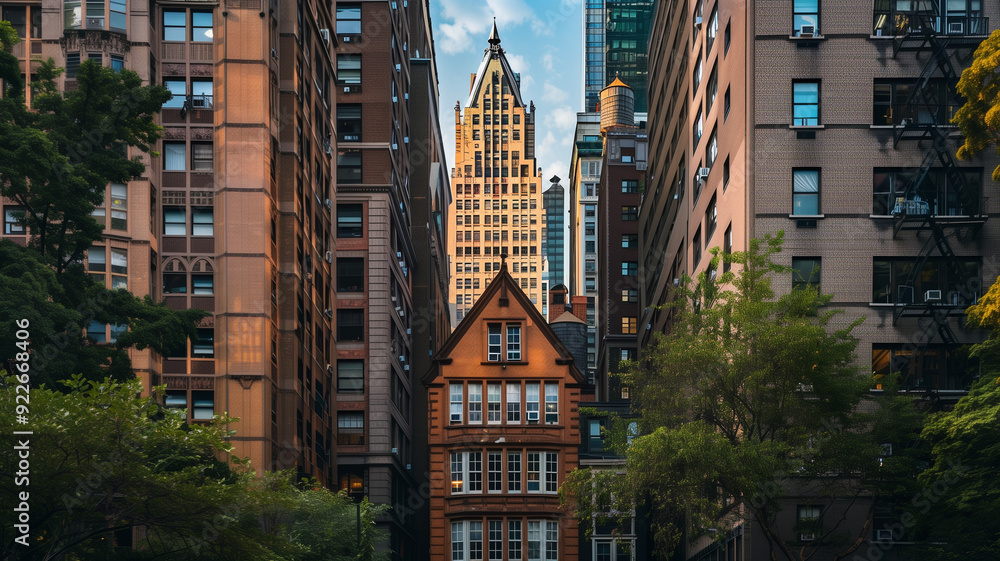 Fototapeta premium A quaint house nestled between towering skyscrapers, evoking a sense of urban charm and coziness