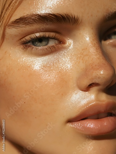 Close-up Portrait of a Young Woman with Freckles and Sun-kissed Skin. Generative AI