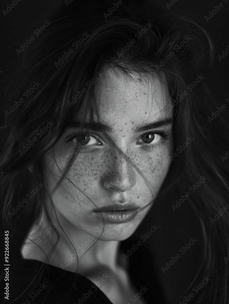 Fototapeta premium Intense Portrait of a Freckled Woman in Monochrome