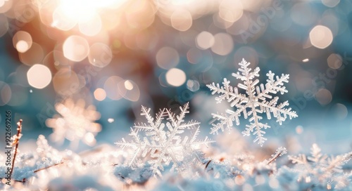 Delicate Snowflakes Glimmering on Soft Snow During Golden Hour