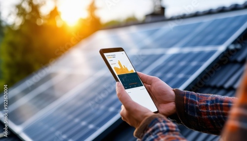 Persona revisando el rendimiento de paneles solares en su casa utilizando una aplicación en su smartphone al atardecer. photo