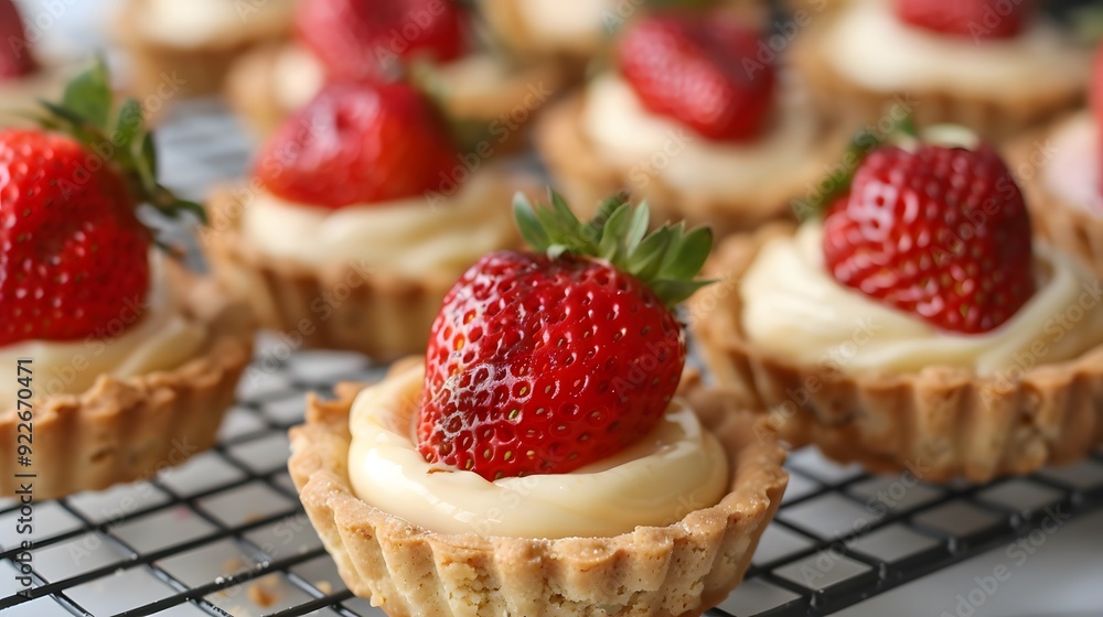 Close-up of a fresh strawberry tart on a cooling rack. Close-up of a fresh strawberry tart on a cooling rack.