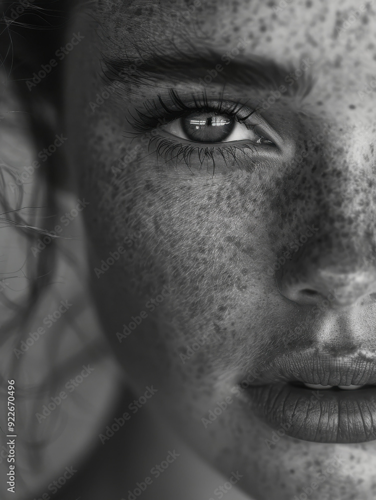 Naklejka premium Close-up Portrait of a Freckled Woman in Monochrome