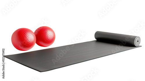 Black fitness mat with red fitness balls on a transparent background. PNG image.