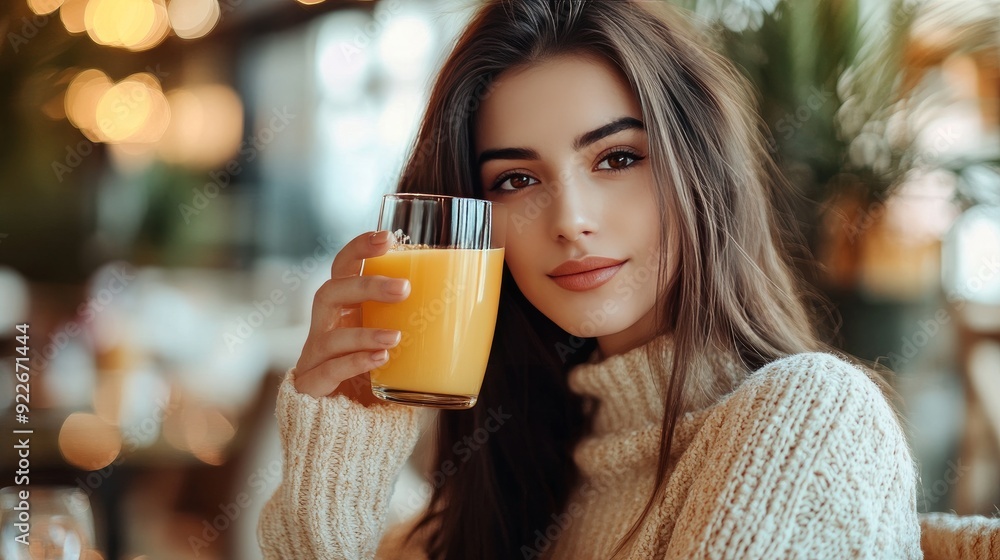 A young woman has lunch or breakfast in a fancy hotel while sipping a glass of orange juice. A young woman has lunch or breakfast in a fancy hotel while sipping a glass of orange juice.