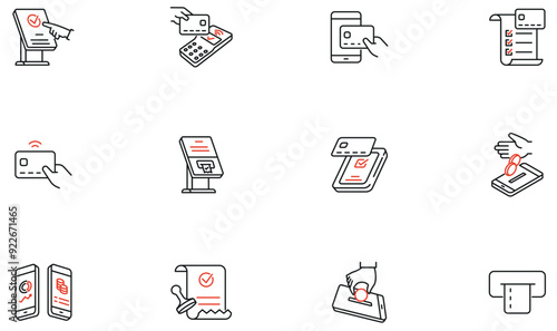 Vector Set of Linear Icons Related to payment methods, contactless money payments and transactions. Mono line pictograms and infographics design elements