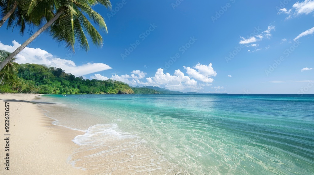 Fototapeta premium A beach scene with a straw hat and sunglasses on the sand