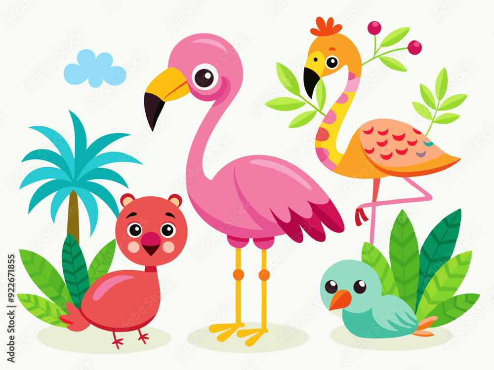 Ensemble de vecteurs flamants roses, oiseau tropical rose dessin animé, icône d’animal d’été, personnage de zoo mignon. Illustration de la faune exotique Ensemble de vecteurs flamants roses, oiseau tropical rose dessin animé, icône d’animal d’été, personnage de zoo mignon. Illustration de la faune exotique