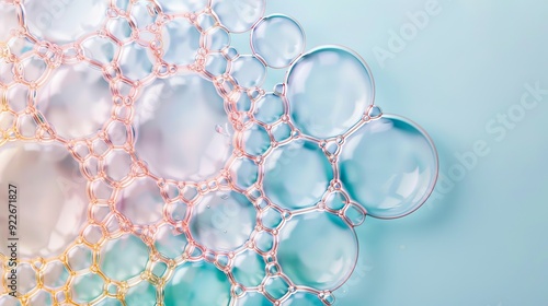 The image is a close up of many bubbles of different sizes floating in the air