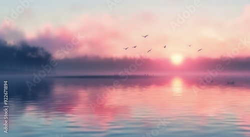 Serene Sunrise Over Calm Lake With Birds Flying in Early Morning Mist