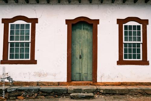 Colorful door and windows of a colonial house in the historical town of Tiradentes, Minas Gerais, Brazil