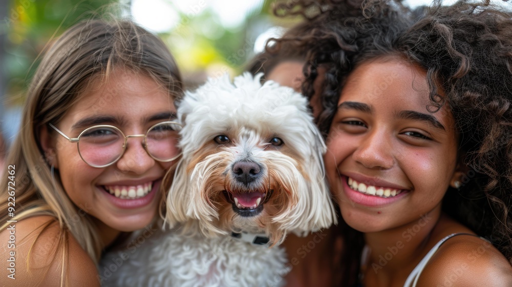 Three friends smile with their fluffy dog. AI. Three friends smile with their fluffy dog. AI.