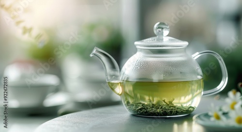 Clear Glass Teapot Brewing Green Tea With Fresh Leaves on Kitchen Counter