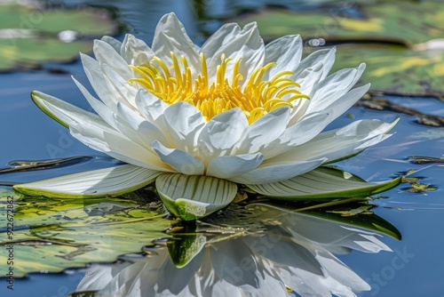 An image of a lotus flower blooming in a tranquil pond, its reflection creating a symmetrical and serene composition, embodying harmony and balanc photo