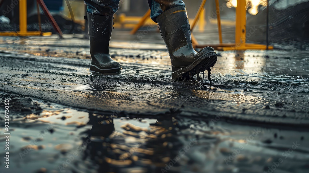 Close-up of a muddy boot stepping on a wet surface with shallow water reflection. Close-up of a muddy boot stepping on a wet surface with shallow water reflection.