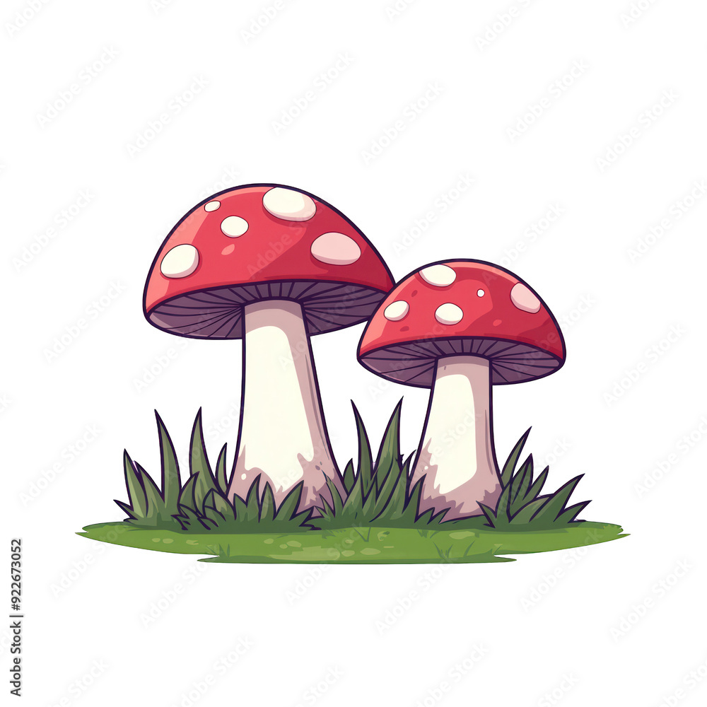 Illustration of whimsical red mushrooms with white spots, surrounded by green grass, perfect for nature-themed designs. transparent background Illustration of whimsical red mushrooms with white spots, surrounded by green grass, perfect for nature-themed designs. transparent background