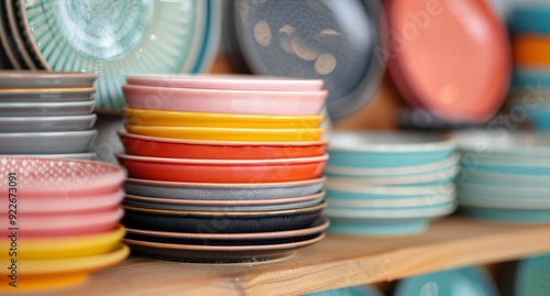 Colorful Stacked Bowls Displayed on a Wooden Shelf in a Market