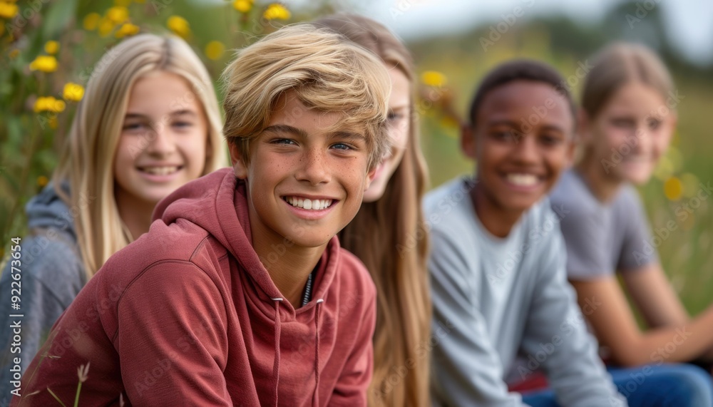 Obraz premium A group of teenagers smile for the camera while sitting together outdoors. AI.