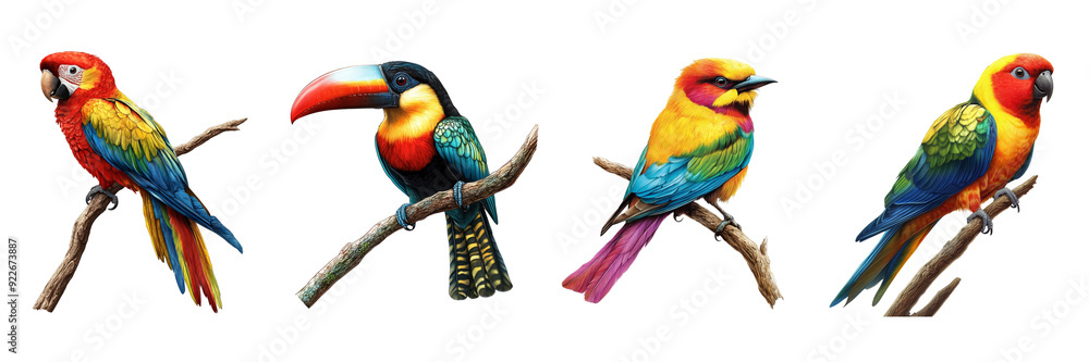 Obraz premium vibrant tropical bird perched on a branch isolated on transparent png background