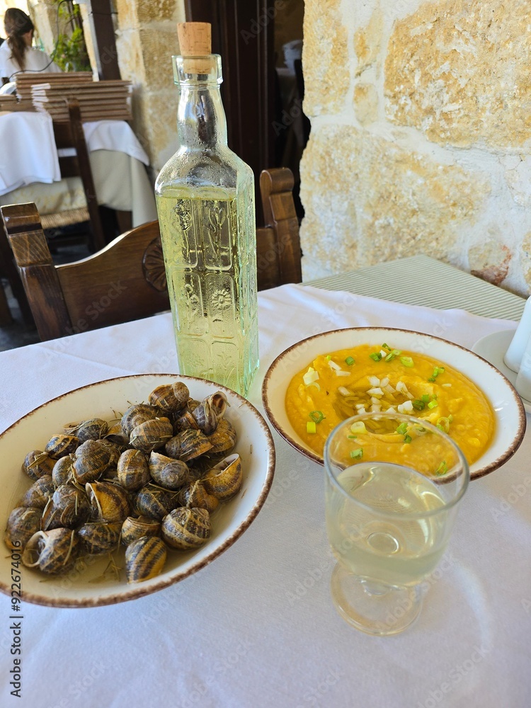 Cretan food with glass of wine Cretan food with glass of wine