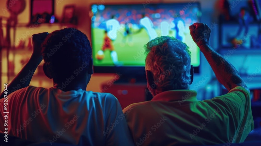 Obraz premium Two individuals of different generations are seen enjoying a soccer game on television together.