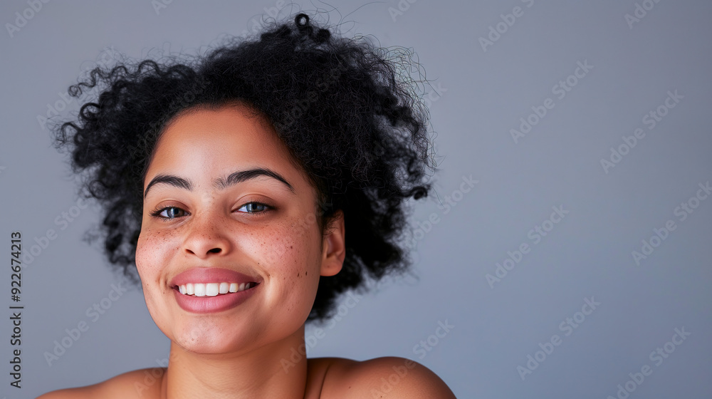 Portrait of Beautiful Plus-Size Young Afro American Woman with Vitiligo, Smiling and Doing Yoga Against a Grey Background Portrait of Beautiful Plus-Size Young Afro American Woman with Vitiligo, Smiling and Doing Yoga Against a Grey Background