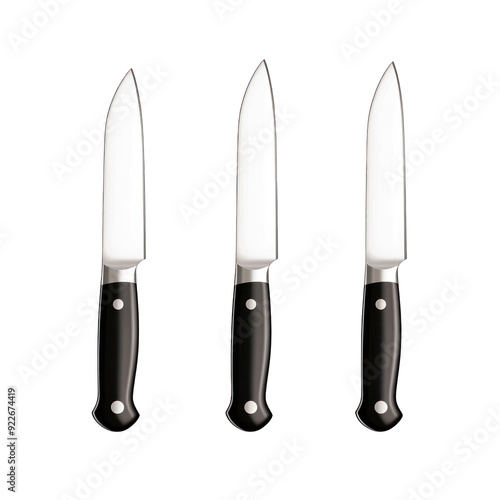 Set of three professional kitchen knives with sleek blades and ergonomic handles for efficient food preparation. transparent background